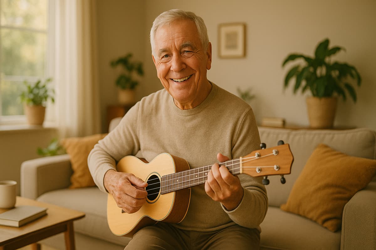 Senior adult playing guitar with joy